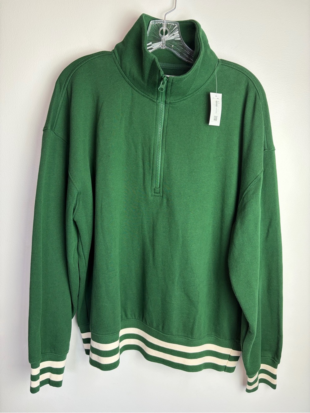 Old Navy Green Quarter-Zip Sweatshirt with Cream Stripes